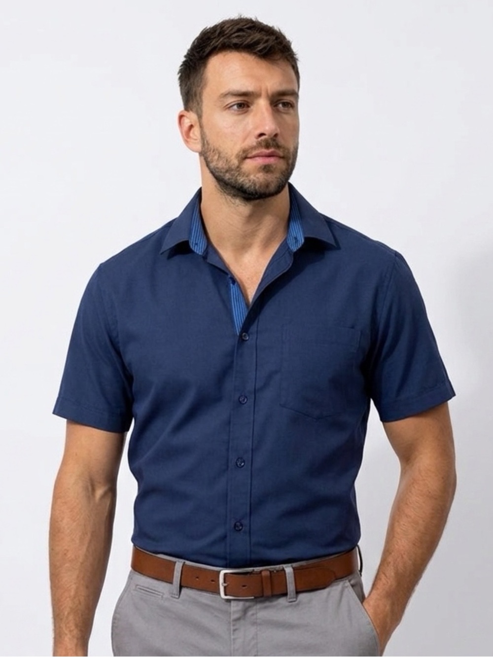 FLEX Men's L Luxury Collection Royal Blue Short Sleeve Button-Up Shirt Size LT
